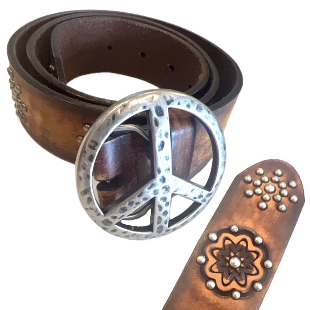 ✌🏿VTG Brighton studded tooled leather peace sign belt Brown Boho sz 34 ☮️